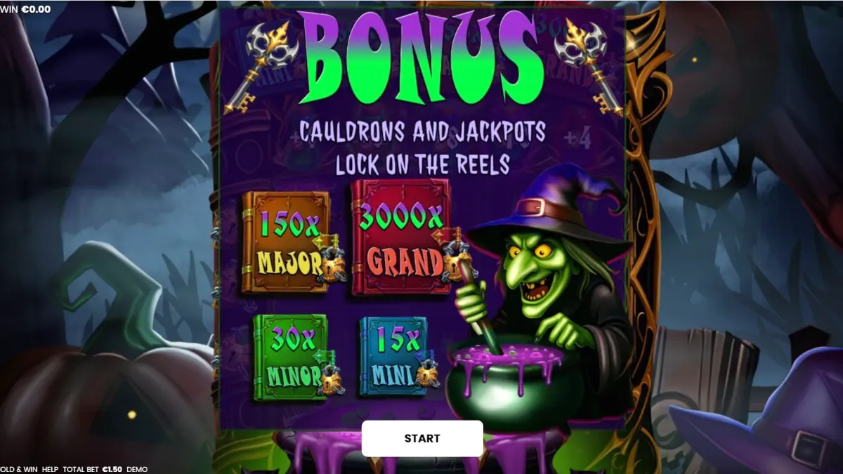 Tampilan visual slot Witches’ Fortune: Hold & Win dengan tema penyihir dan ramuan ajaib