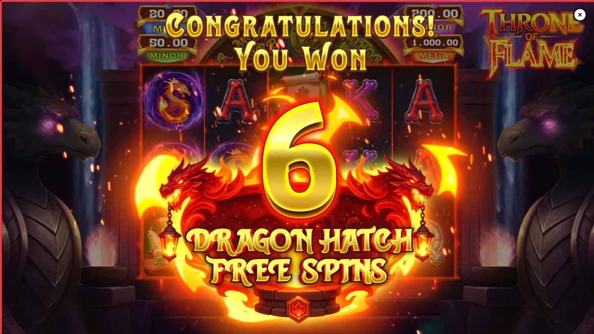 Tampilan visual slot Throne of Flame dengan naga dan harta karun